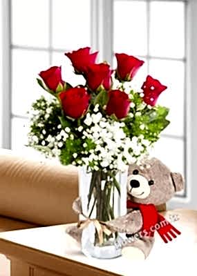 7 Red Roses Vase & Teddy Bear