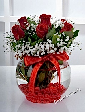 7 Red Roses In Bowl Vase