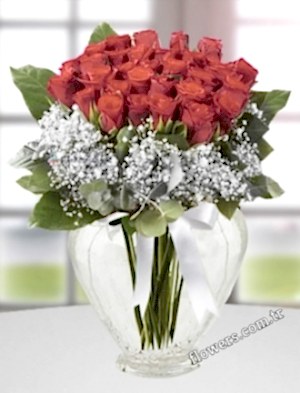 30 Red Roses & Gypsophila In Vase